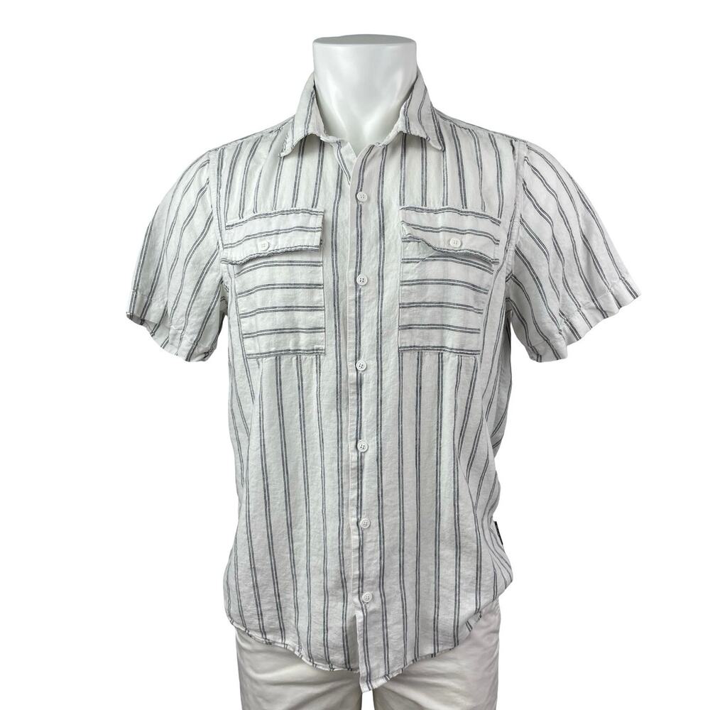 Karl Lagerfeld Men's White Black Striped Short Sleeve Pocket Button Up Shirt M